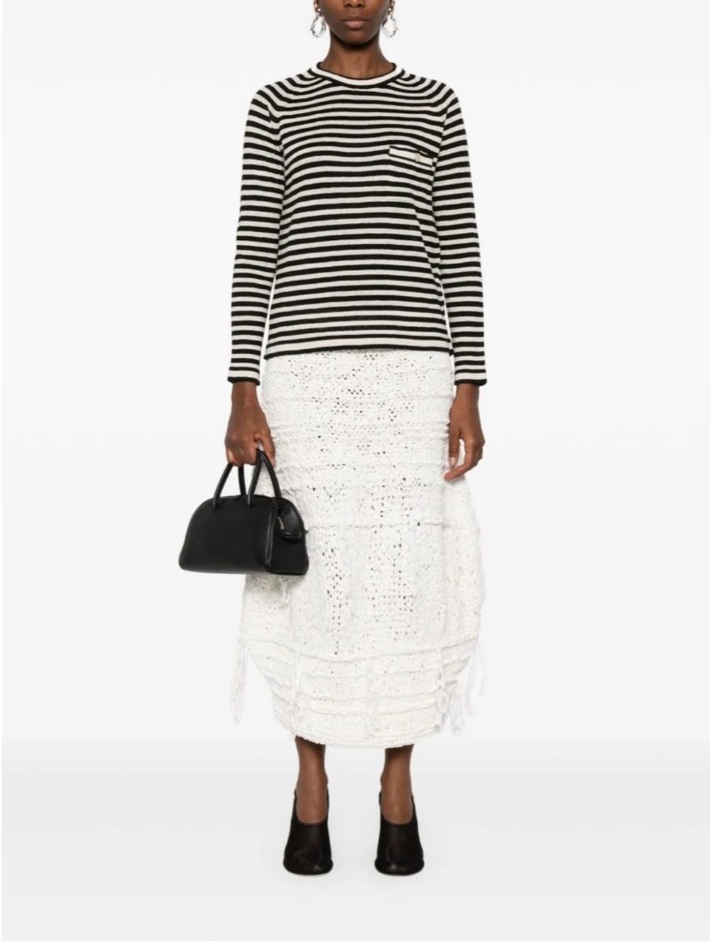 S MaxMara Black & Cream Striped Linen Pullover with Pocket